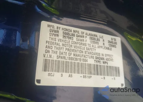 2003 Honda Odyssey Ex-L from USA, damaged, VIN 5FNRL189X3B151554